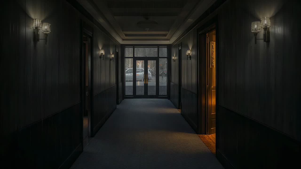 Inquadratura iniziale con la telecamera che riprende l'atrio verso le porte d'ingresso, mostrando la porta destra aperta, la luce e una figura solitaria