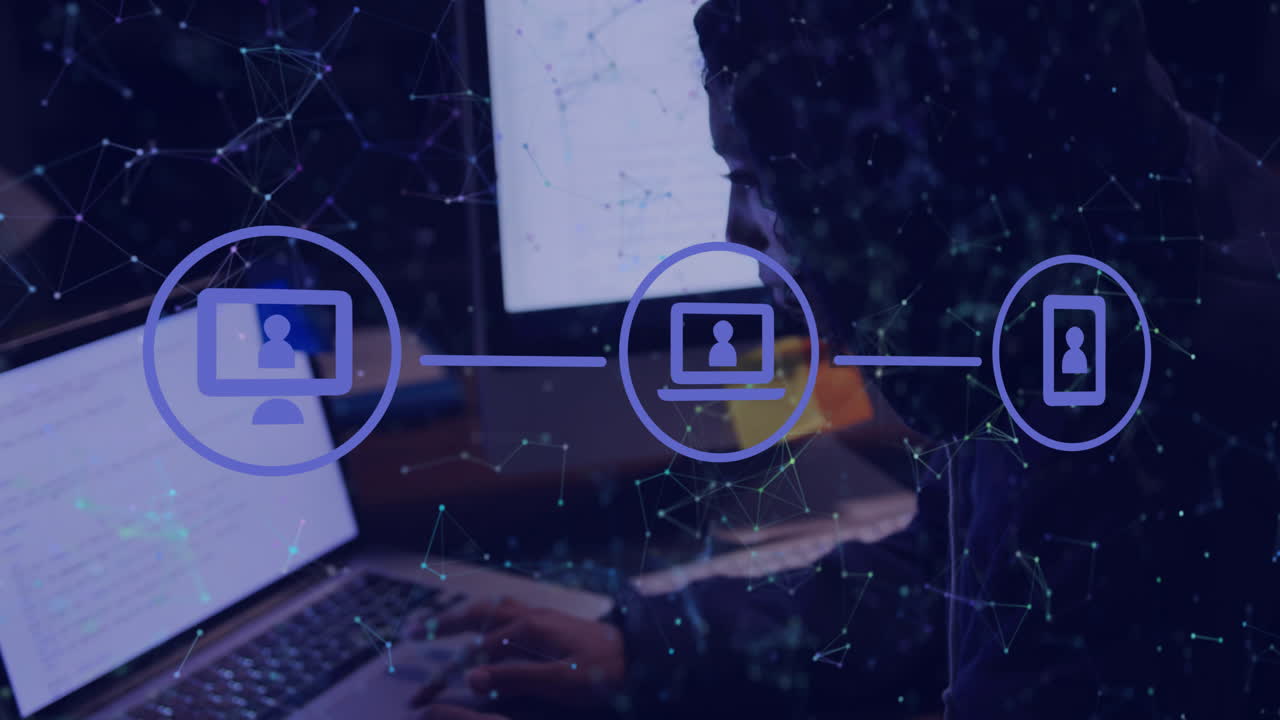 Animation of media icons over biracial woman using laptop