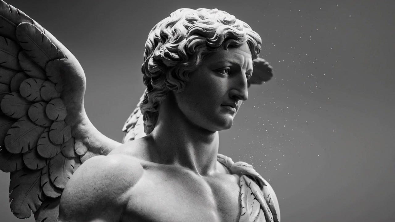 Zooming camera revealing marble winged statue in studio, accenting drapery and dust to show texture