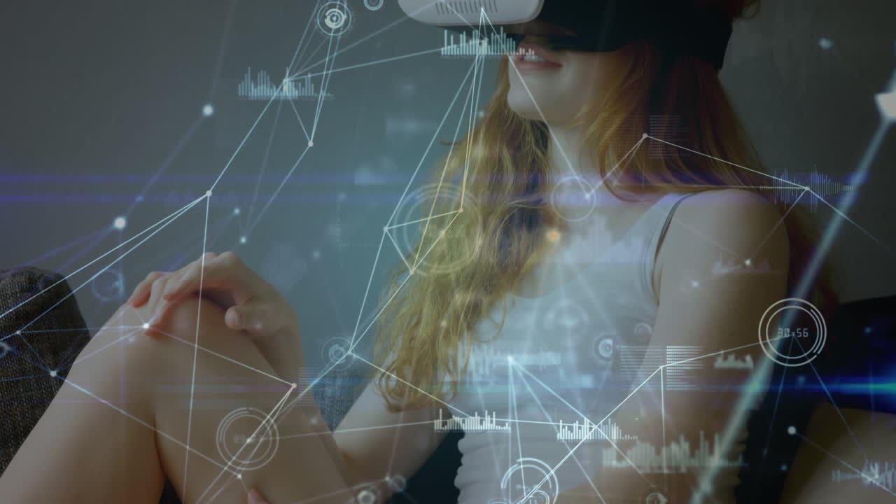 mujer sentada en un sofá mientras usa un auricular de realidad virtual