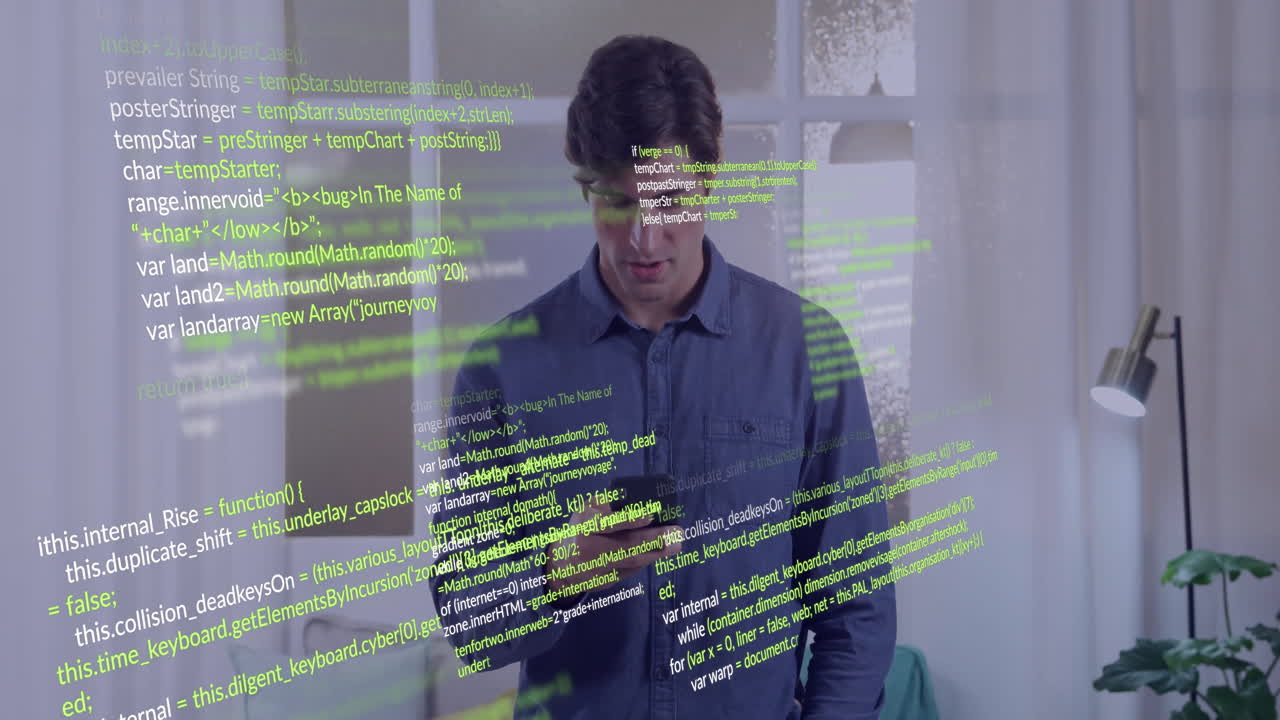 Using smartphone, man with green coding animation overlay in tech setting