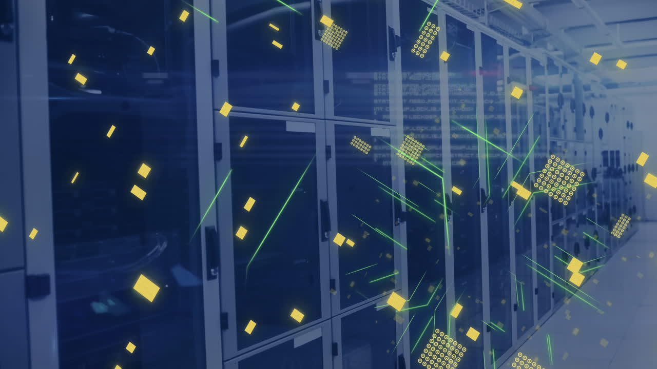 회로판의 애니메이션과 컴퓨터 서버를 통한 데이터 처리