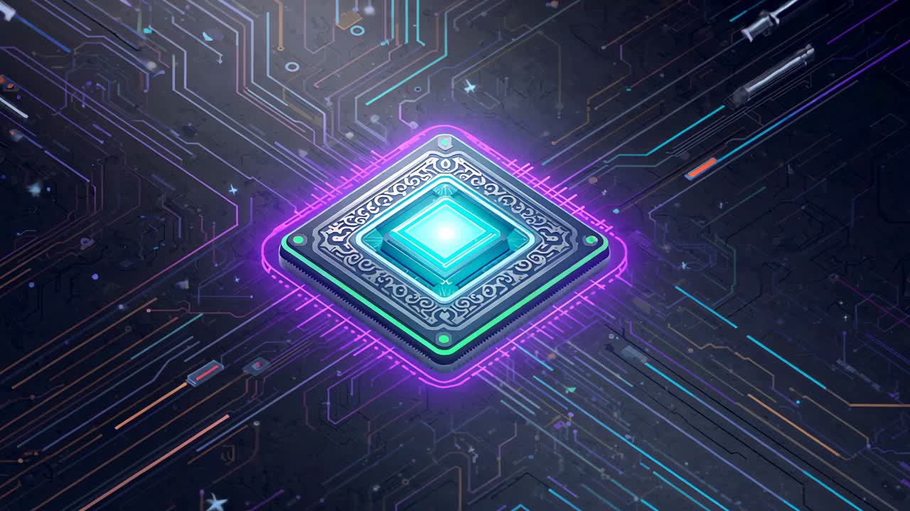 Receiving power diamond chip powering up on circuit board, pulsing and settling core, magenta ring