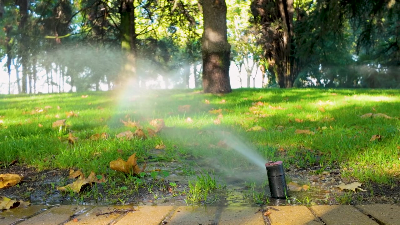 Primo piano di un irrigatore automatico che spruzza acqua su un prato verde lussureggiante in un parco soleggiato di Madrid. Ideale per temi di sostenibilità, giardinaggio urbano e ambientali