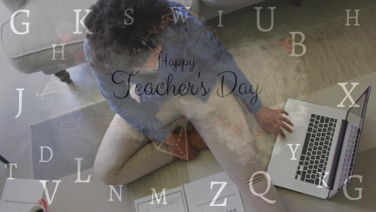 Animations of happy teachers day text over african american student using laptop