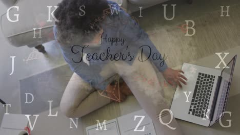 Animations of happy teachers day text over african american student using laptop