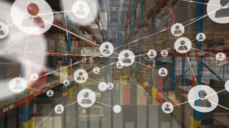 Animazione di rete di connessioni con icone su magazzino