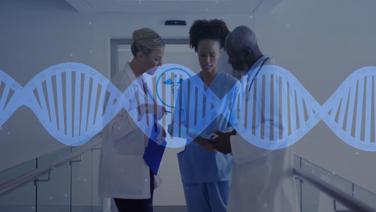 Animation af DNA-streng og sne over forskellige læger på hospital