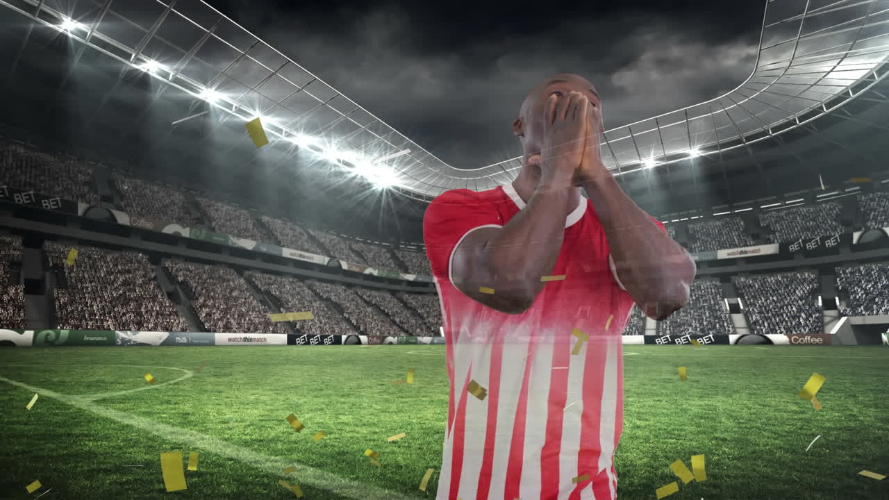 animación de confeti sobre un jugador de fútbol afroamericano sonriendo