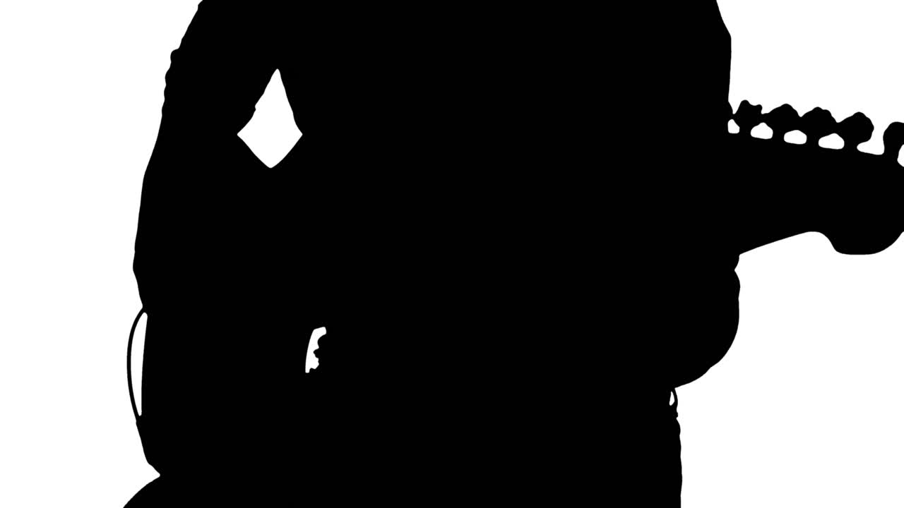animación de silueta negra de un hombre tocando la guitarra sobre un fondo blanco