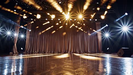 low-angle video shot of a stage with dramatic lighting and curtains, creating a theatrical