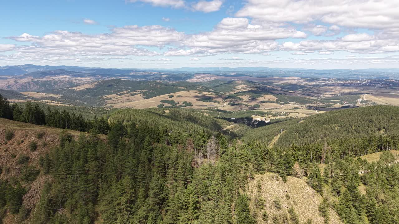 Zlatibor, Serbia. Flying Above Hills Under Tornik Summit, Pine Forest and Horizon on Sunny Summer Day