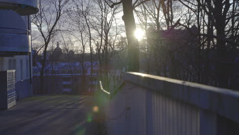 Railing-on-Ruddhamsbacken,-Stockholm,-Sweden,-Sunset