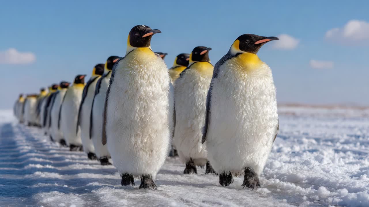 A Majestic Line of Emperor Penguins Marching Across the Icy Landscape, Showcasing Their Unique Black and Yellow Features Beneath a Clear Blue Sky