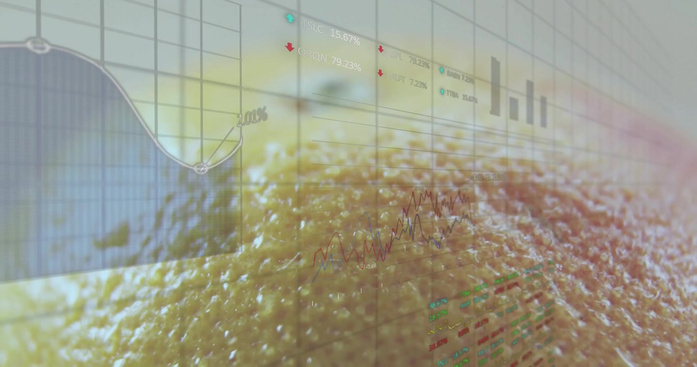 Grid overlay spreading on peel after close-up, markers emerging, charts animating showing data