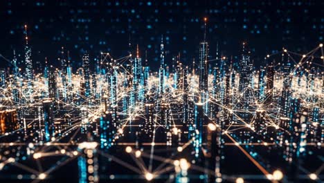 a stunning digital landscape showcasing a futuristic cyber cityscape filled with glimmering lights and interconnected structures representing advanced technology