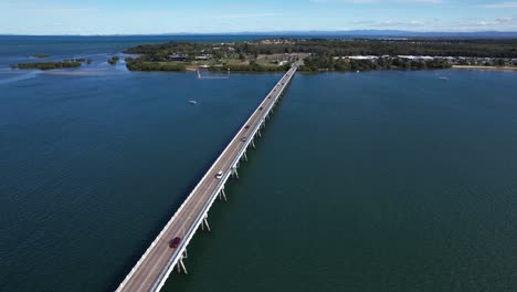 Bribie-Island-Bridge-In-Sandstone-Point,-Queensland,-Australia---Drone-Shot