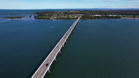 bribie island bridge in sandstone point, queensland, australia - drone shot