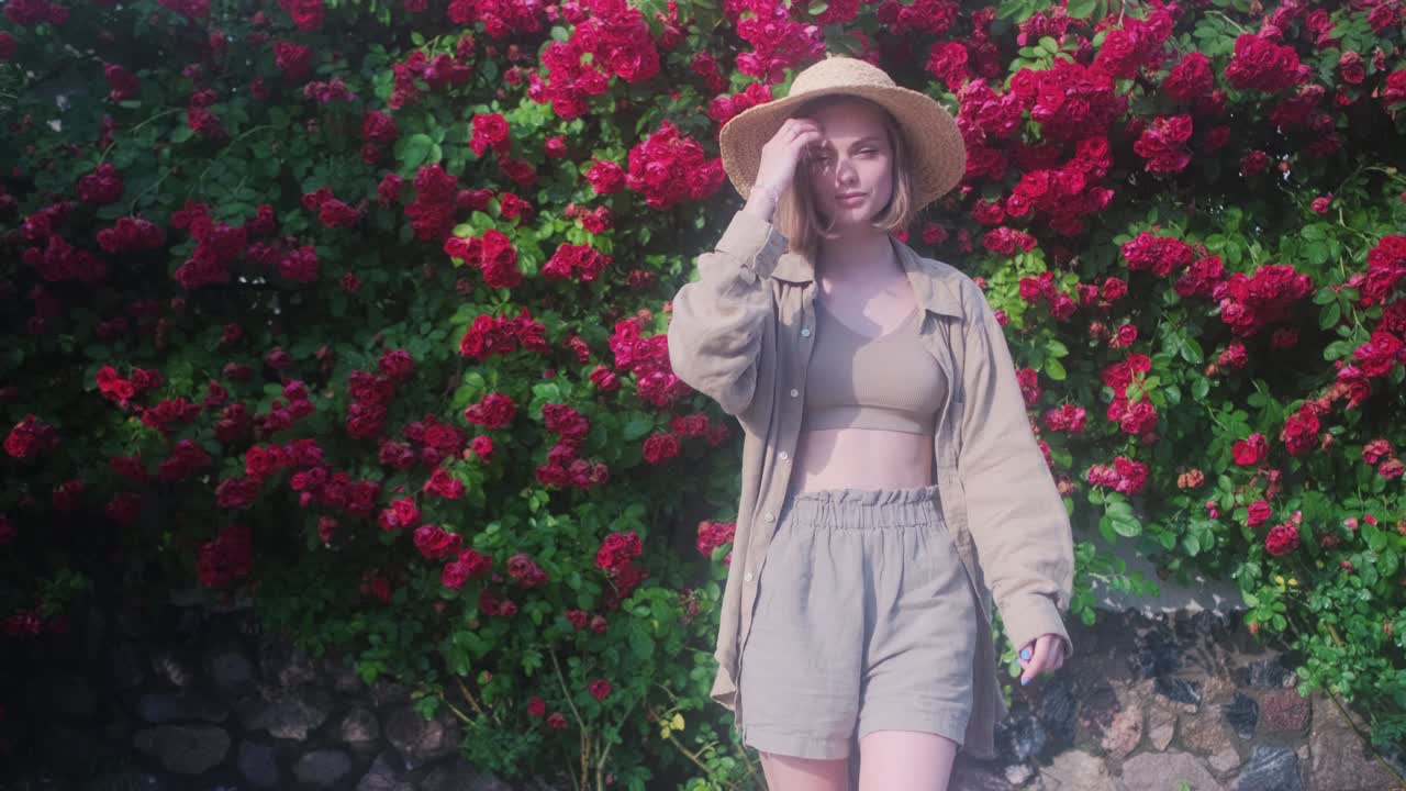 elegante mujer joven rubia en un sombrero de paja en el fondo de un arbusto de rosas en flor