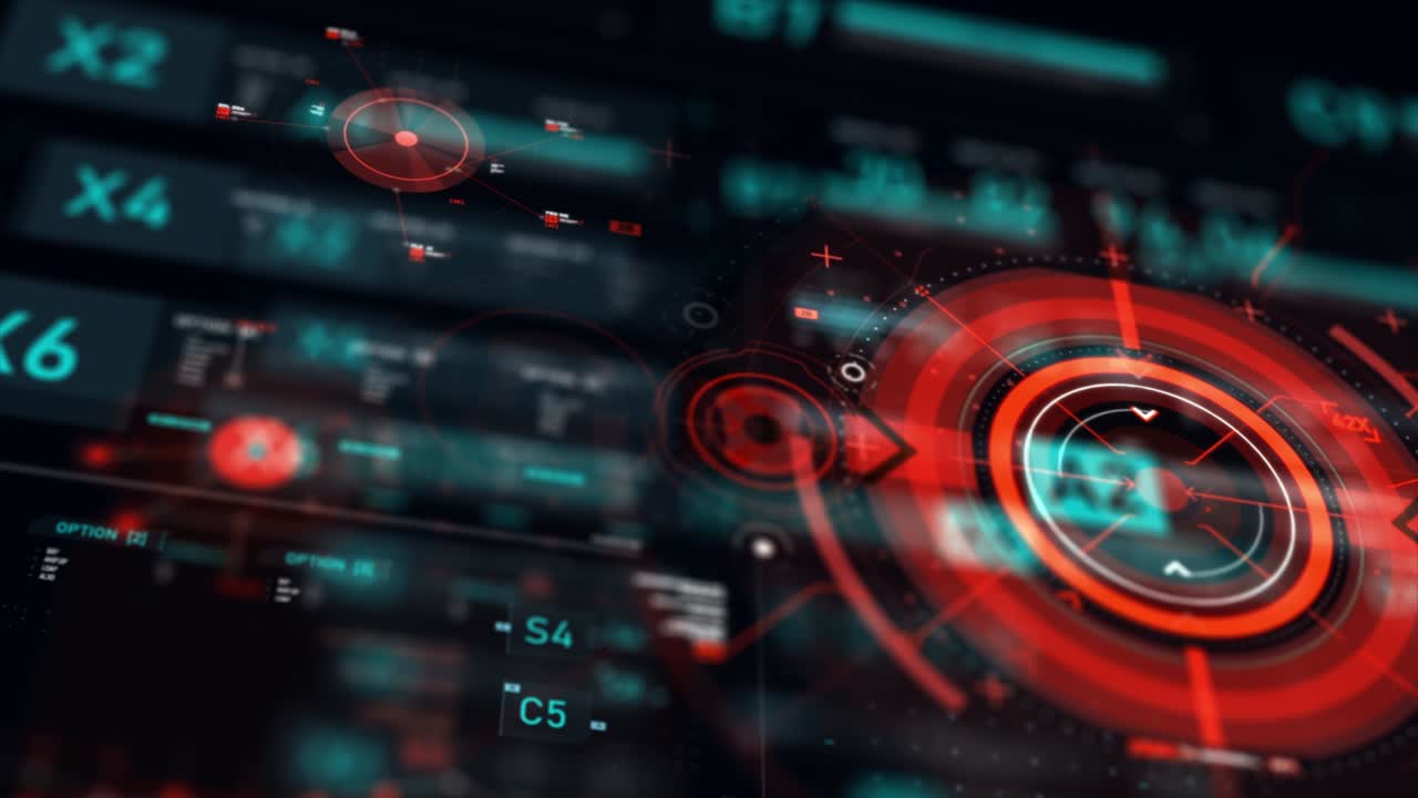 puntero objetivo y interfaz de usuario futurista hud gui elemento de número de texto digital para tecnología cibernética concepto con poca profundidad de campo oscuro y procesado de grano