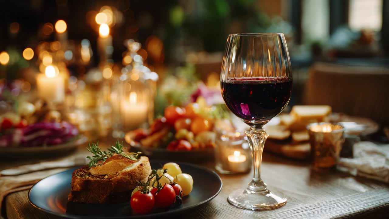A Beautifully Arranged Table Setting Featuring a Glass of Red Wine, Deliciously Prepared Food, and Warmly Illuminated Candles Creating an Inviting Atmosphere Perfect for Gatherings and Celebrations