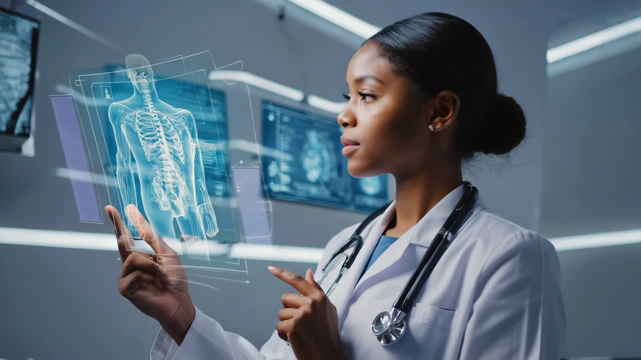 Female Doctor Interacting with Futuristic Holographic Medical Display