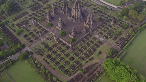 Mandala-layout-Prambanan-Hindu-Temple-complex-in-Java,-Indonesia,-aerial