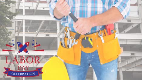 Animation-of-labor-day-text-over-caucasian-male-worker-with-tools