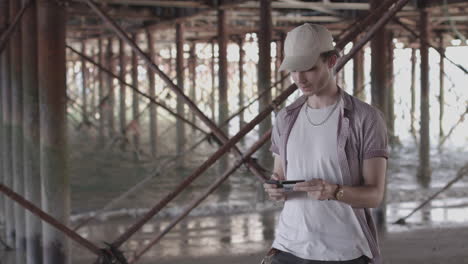 Man-standing-Under-Pier-Paying-For-a-Product-Using-His-Smart-Phone-and-Credit-Card---Ungraded