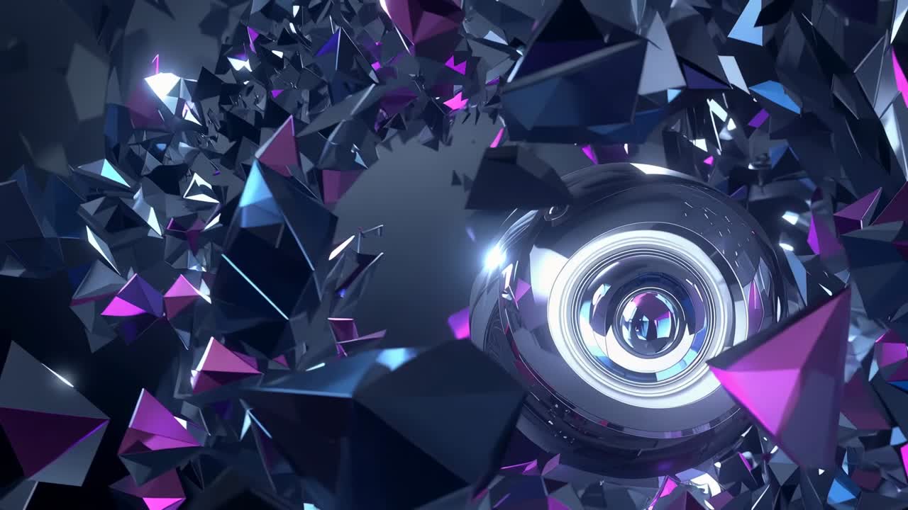 Moving camera pushing forward, metal orb growing to center, shards spiraling showing rings in void