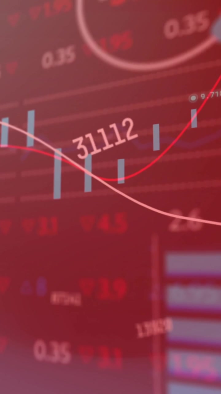Animation of numeric data processing over graphs charts on dark background