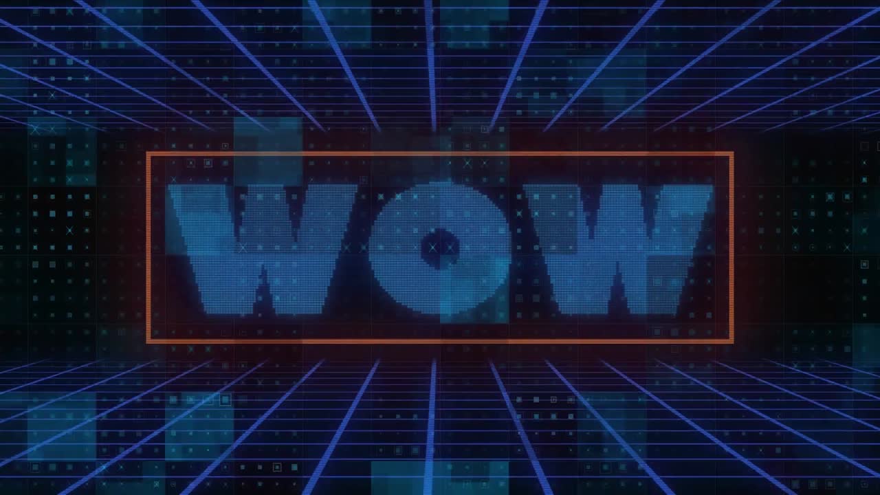 메타버스 배경 위의 와우 텍스트의 애니메이션