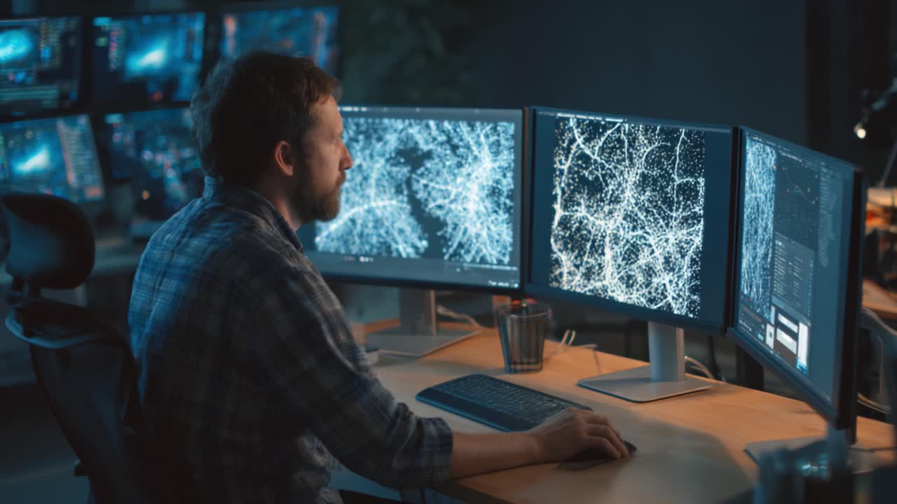 Focused Data Analyst Analyzing Complex Network Patterns on Multiple Monitors in a Dimly Lit Office Environment with a Serious Expression