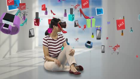 Woman-using-virtual-reality-headset-with-digitally-generated-sale-icons-4k