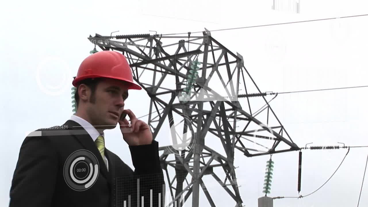 hablando por teléfono, ingeniero en traje y casco con animación de datos sobre líneas eléctricas