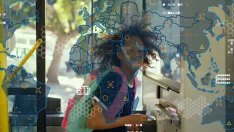 animation of world map and processing data over happy biracial girl travelling on bus