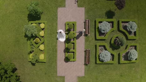lovely newlyweds caucasian bride groom walking in park, holding hands, wedding couple family