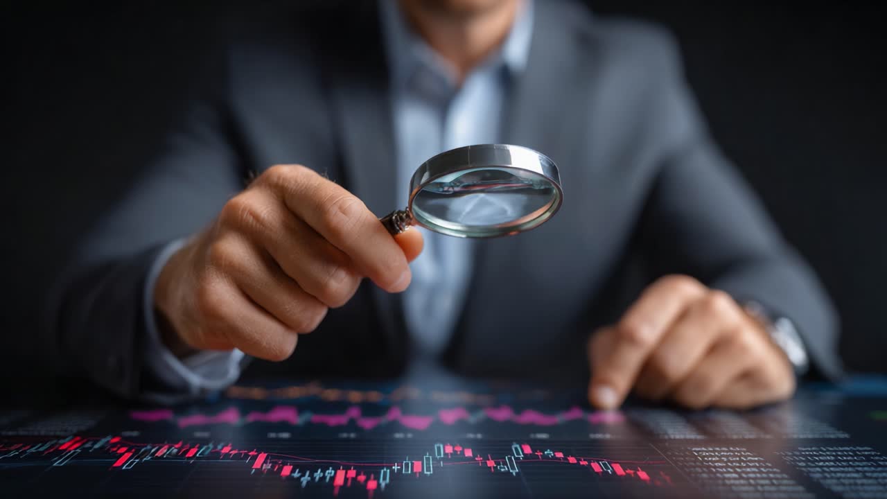 A Business Professional Analyzing Data Trends with a Magnifying Glass to Gain Insights and Discover Opportunities Overlaid on Modern Financial Graphs