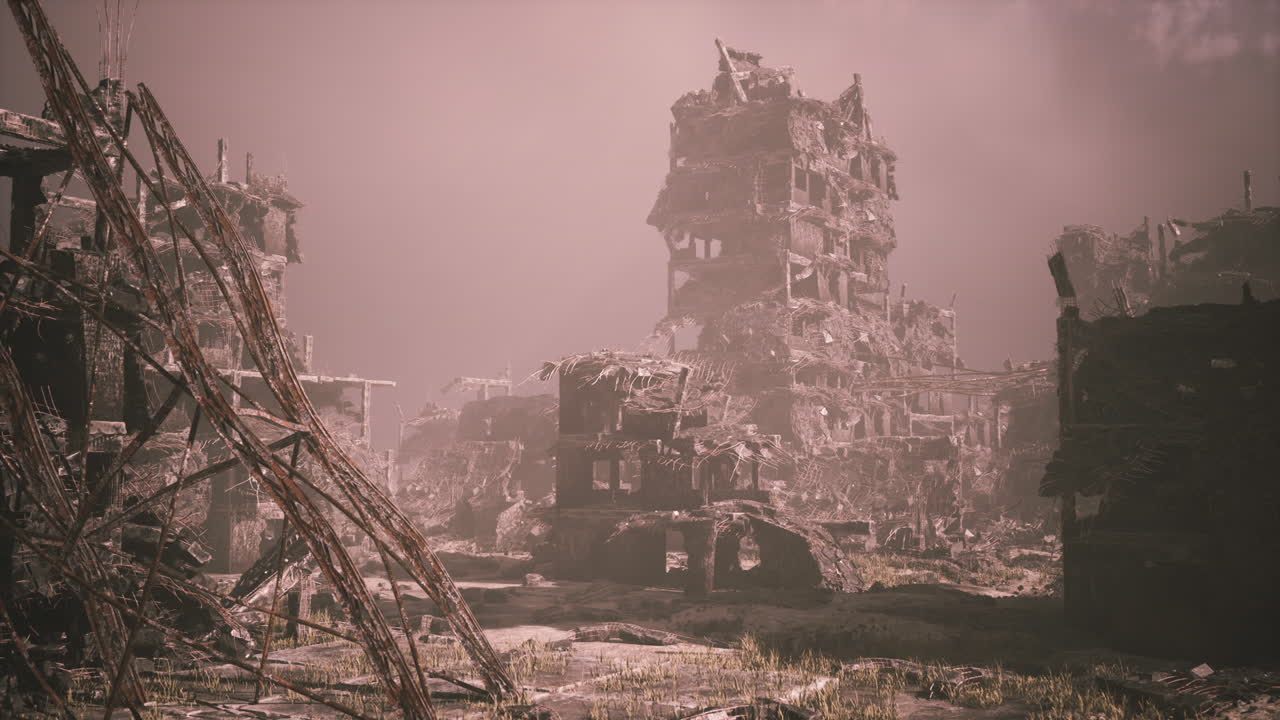 destrucción de una ciudad devastada por un conflicto militar después de la guerra