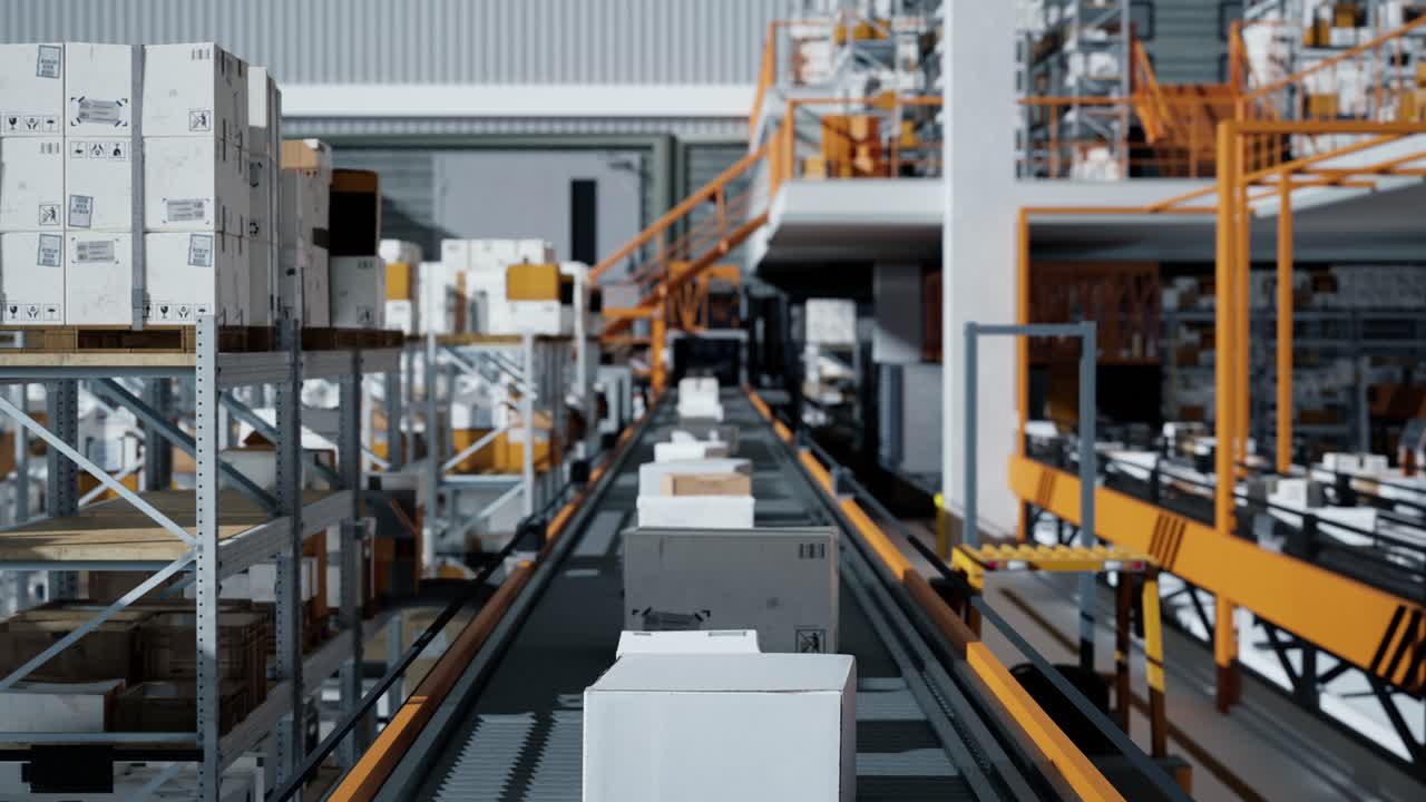 Loop Transmitting Of Packaging Box On The Conveyor Belt, 3D Rendering. Cardboard Boxes In A Large Scale Smart Distribution Warehouse, Production Line