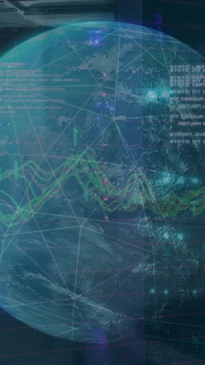 Animation of data processing over spinning globe against computer server room