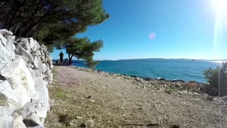 4k footage: a man jogs along the coast on a sunny day with his dog on a leash