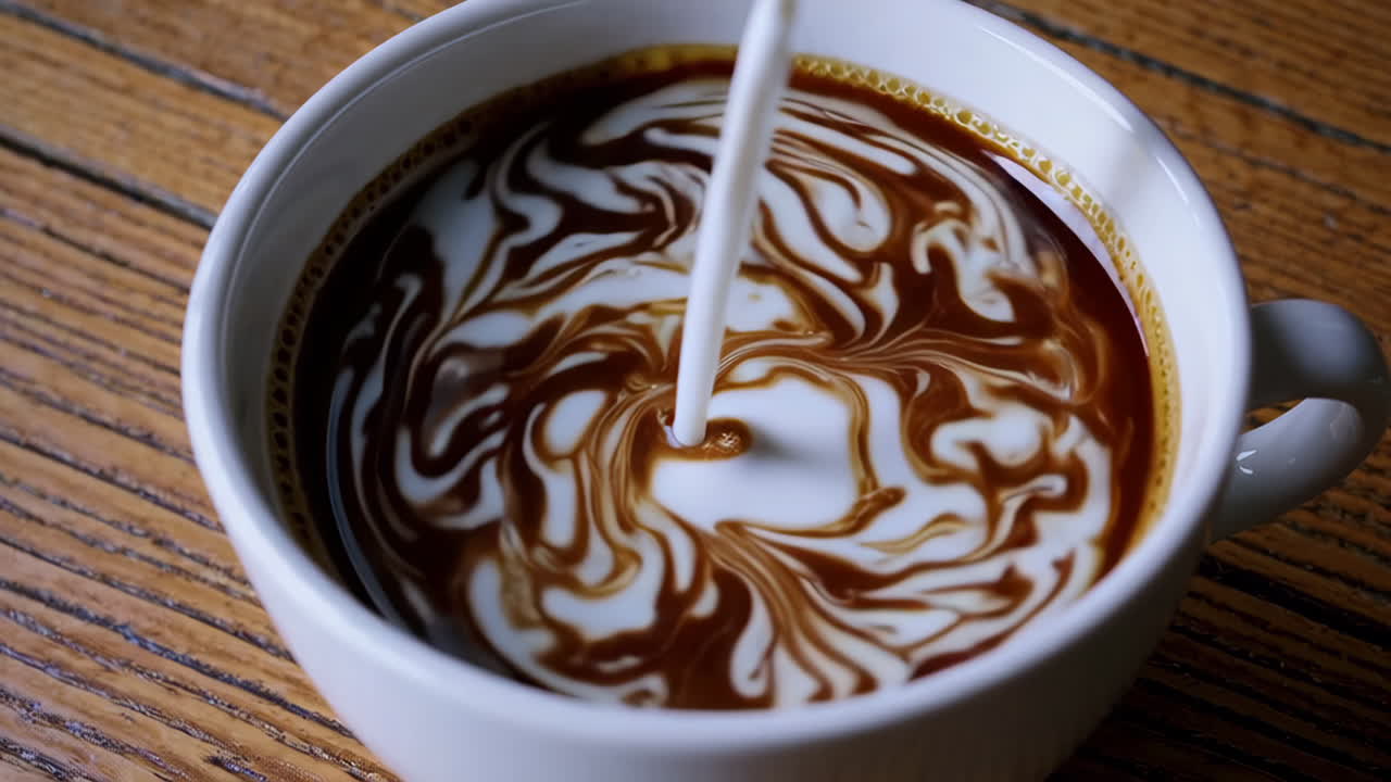 Pouring milk into a coffee cup creating beautiful swirl pattern