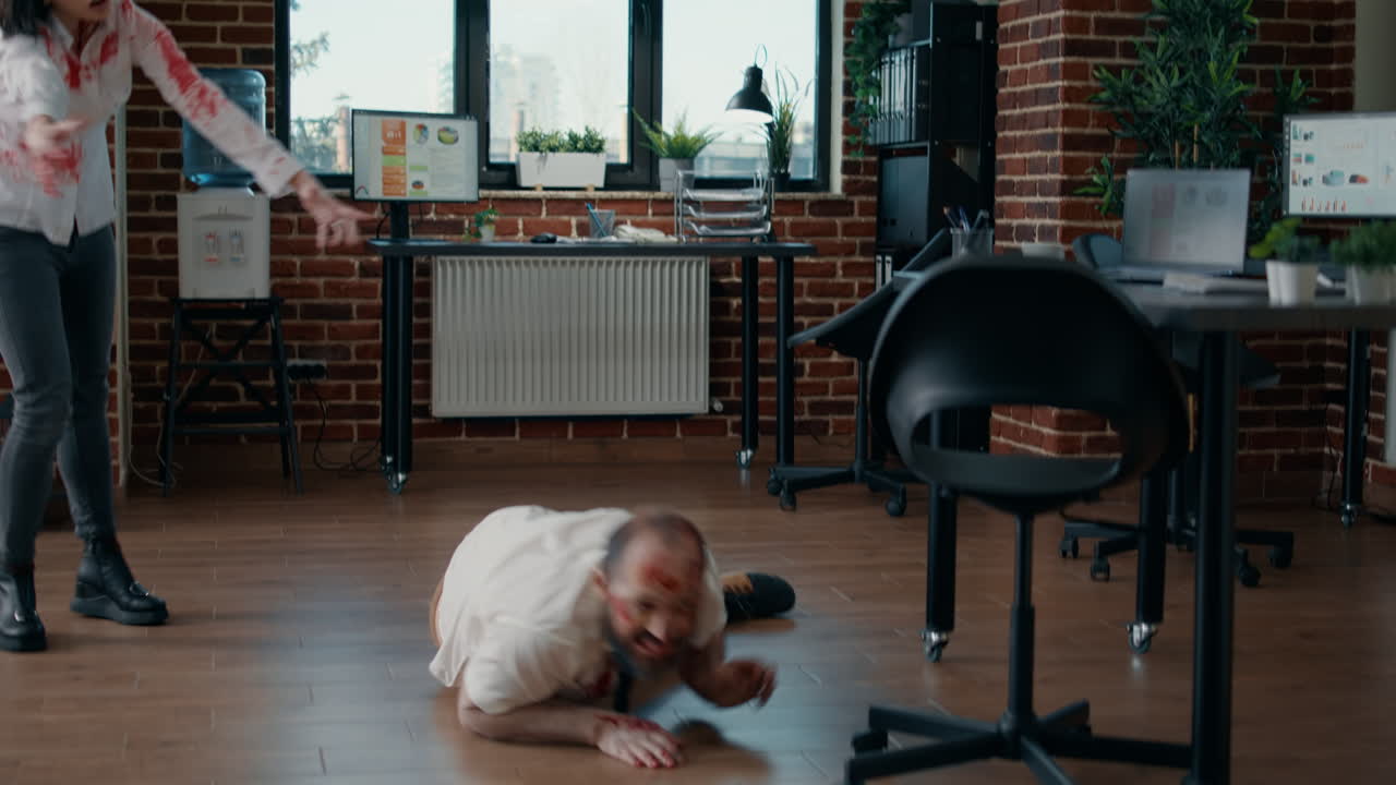 Scared african american man hiding under table from crawling spooky zombies