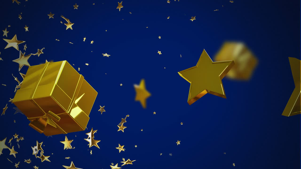 animación de estrellas de oro de navidad y regalos cayendo sobre un fondo azul.