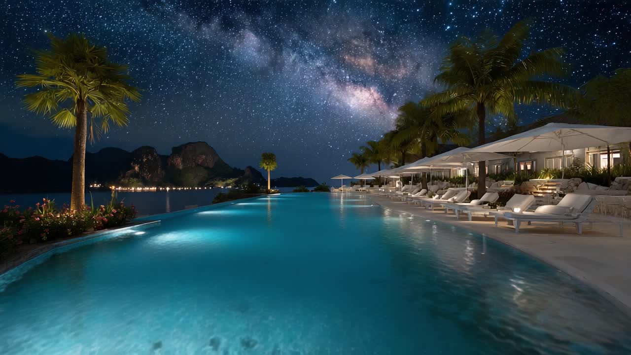 Fredfull natt ved et luksuriøst feriested ved bassengkanten under en fantastisk stjernehimmel med refleksjoner av Melkeveien og palmer som rammer inn den rolige scenen