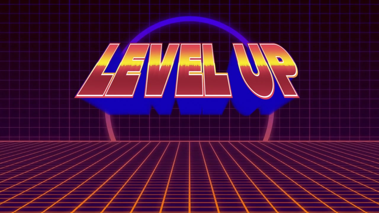 Alla comparsa, testo 3D "LEVEL UP" con gradiente da bianco a rosso che cambia, mostrando la progressione su una griglia al neon.