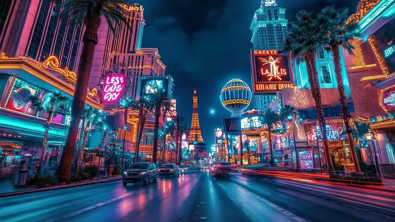 Vibrant cityscape video with neon lights, captured from a low-angle perspective, showcasing bustling