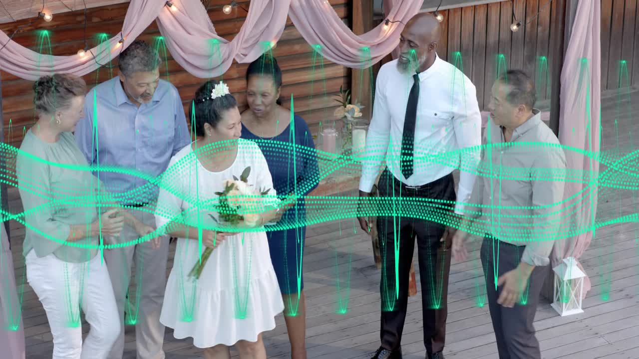 Wedding guest handing bouquet sparking animated petals and glow bride receiving, guests celebrating