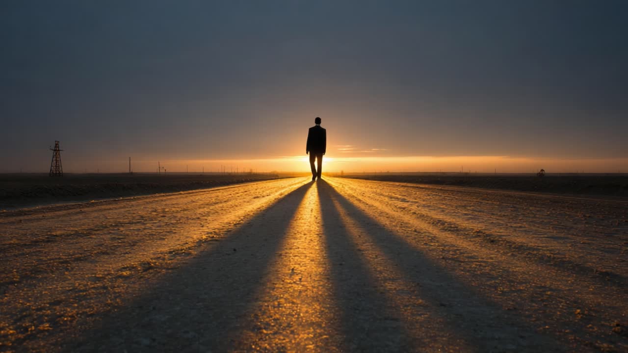 A lone figure stands against a mesmerizing sunset, casting long shadows on a deserted road, symbolizing solitude, reflection, and the journey ahead in a serene landscape
